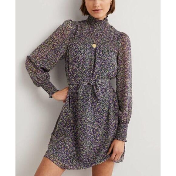 Boden Dresses & Skirts - BODEN Smocked Yoke Floral Metallic Tie Waist Long Sleeve Mock Neck Dress 8